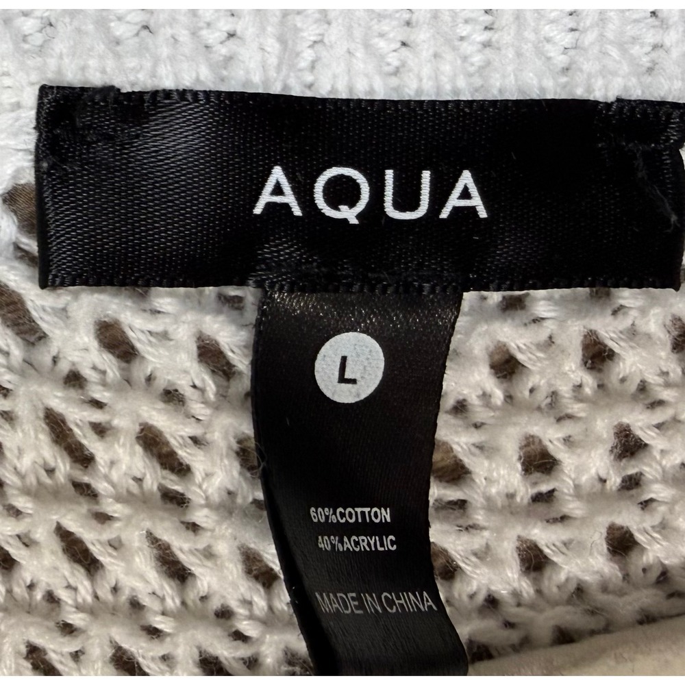 AQUA White Open Knit Long Cardigan Women's L Cotton Blend Coastal Minimalist - Picture 6 of 6